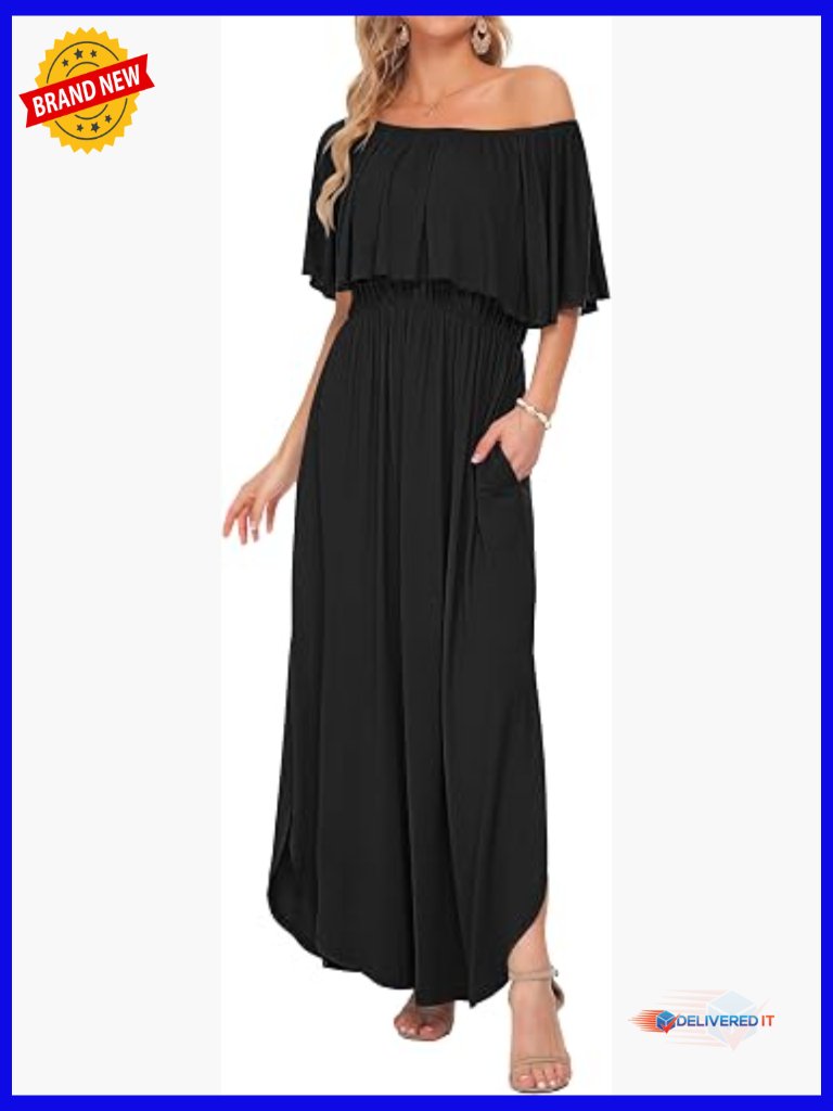 Off Shoulder Maxi Dress With Pockets Side Split Ruffle Sleeve